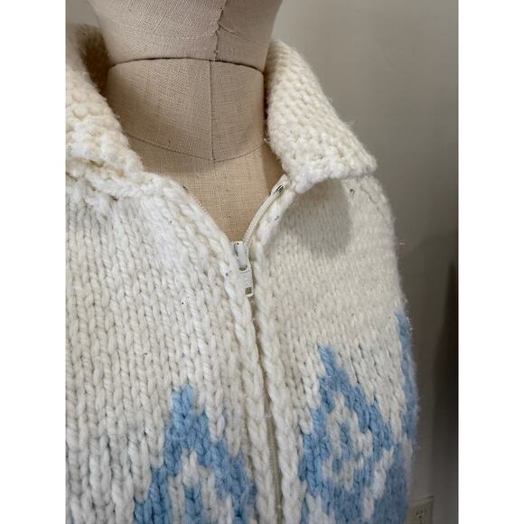 VTG 70s Cowichan Knitted Sweater Cardigan Snow White BlueWestern Cowboy Large - Picture 7 of 10